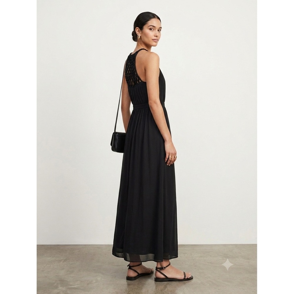Joie Black Silk Maxi Dress High Neck Macrame Back Pleated Maxi Dress Boho 2